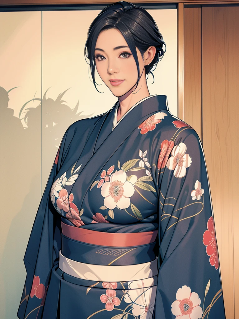 Double，Japanese Wind，Photorealism，detailed，masterpiece，Mature，Gentle men in suits and big-breasted women in kimonos，Smile，Standing，short hair
