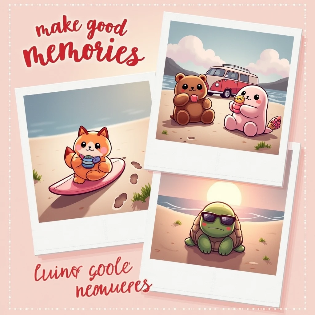 create a smart illustration, with good layout, and design features, ((glad)) with good contrast, with fine and delicate lines, cute fun, to the audience (The image shows three photos with images of ((3 squishmallows animals estilo cartoon. Nota:(((the squishmallows have to look like teddy bears))): to the left, um rapoza surfando com pelagem laranja glad; On the right, a brown bear, big round eyes eating ice cream, e uma tartaruga glad de óculos escuros sentado na cadeira de praia.)). the photos are random with different places situations, are different in each photo, The sand looks smooth, with some footprints leading to the van. the art in general presents a distribution with characteristics of shirt prints, in which "no" end up in a rectangular shape. Below this scene, there is text that says “Make good Memories” or something related to high summer in a stylized cursive font that suggests a relaxed summer vibe. The font color transitions from pink at the top to yellow at the bottom, imitating a sunset. This image evokes nostalgia for summer travel and beach adventures., symbolizing freedom and leisure. 
