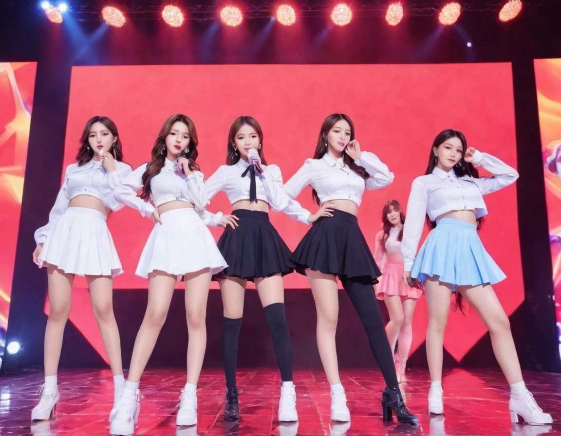 (Highest quality、4K、8k、High resolution、masterpiece:1.2)、Very detailed、(Genuine、Realistic、Realistic:1.3、Korean k-pop idol girls group dancing on stage,under ware