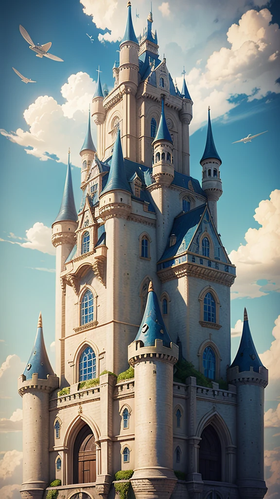 Laputa: Castle in the Sky、Steampunk Airship、White Entrance Cloud、blue sky、A flying castle seen from the clouds、masterpiece, high quality, Ultra high definition,