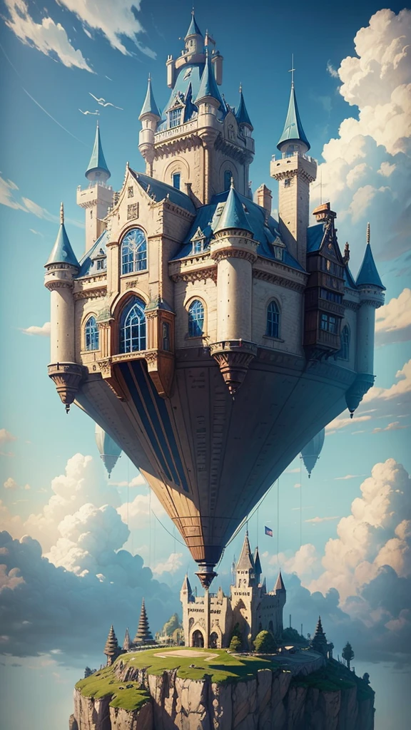 Laputa: Castle in the Sky、Steampunk Airship、White Entrance Cloud、blue sky、A flying castle seen from the clouds、masterpiece, high quality, Ultra high definition, 