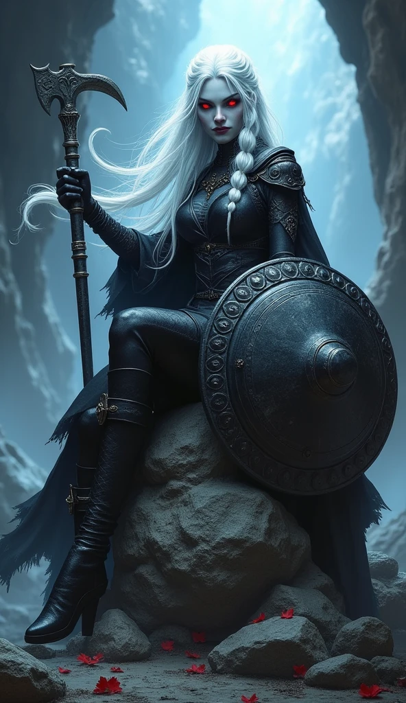 Drow female from baldur's gate, best quality, ultra-detailed CG unity 8k wallpaper, sitting on a boulder, high resolution, dynamic pose, beautiful face, (dark warrior attire, red eyes), depth of field, underdark setting, magic light), vicious grin, (high fantasy) (white Hair, single braid), weilding a mace and a large metal shield