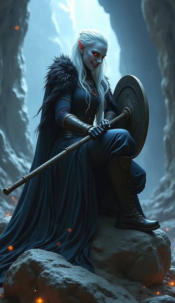 Drow female from baldur's gate, best quality, ultra-detailed CG unity 8k wallpaper,   sitting on a boulder, high resolution, dynamic pose, beautiful face, (dark warrior attire, red eyes), depth of field, underdark setting, magic light), vicious grin, (high fantasy) (white Hair, single braid), weilding a mace and a large metal shield