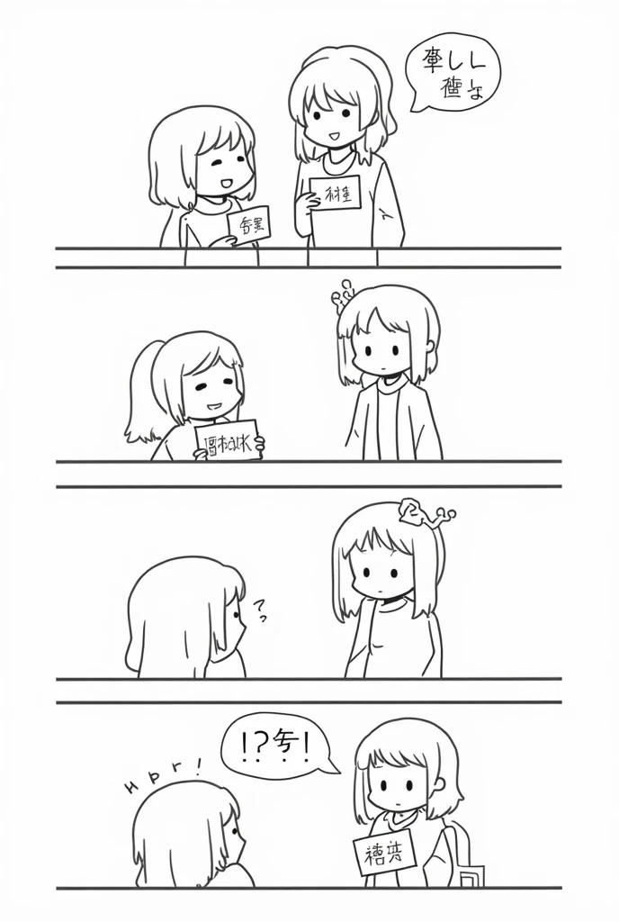 MAKE AN IMAGE (comic)

Panel 1: Two people are standing across from each other, one person is holding a sign with Chinese characters, and the other person looks confused.

Person 1: Hello (Nǐ hǎo)

Person 2: Sorry, I don't understand.

Panel 2: Person 1 points to the sign they are holding.

Person 1: This is my name(Zhè shì wǒ de míngzì)

Person 2: Oh, I see. I don't read Chinese


(make it 5 strip comics)