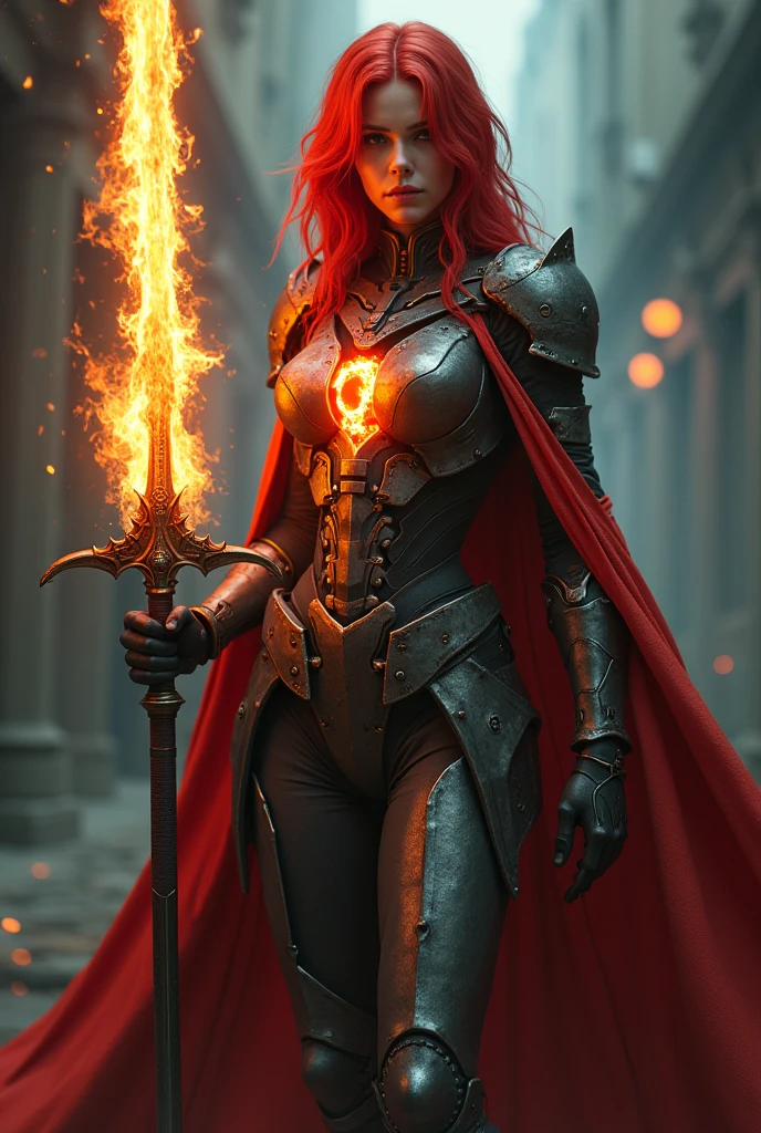 Woman, ref eyes, red hair, cuberpunk pale pale iron costume, flaming sword in hand cuberpunk, cuberpunk pale red cloak, is smiling, there is a fire symbol in the middle of the costume