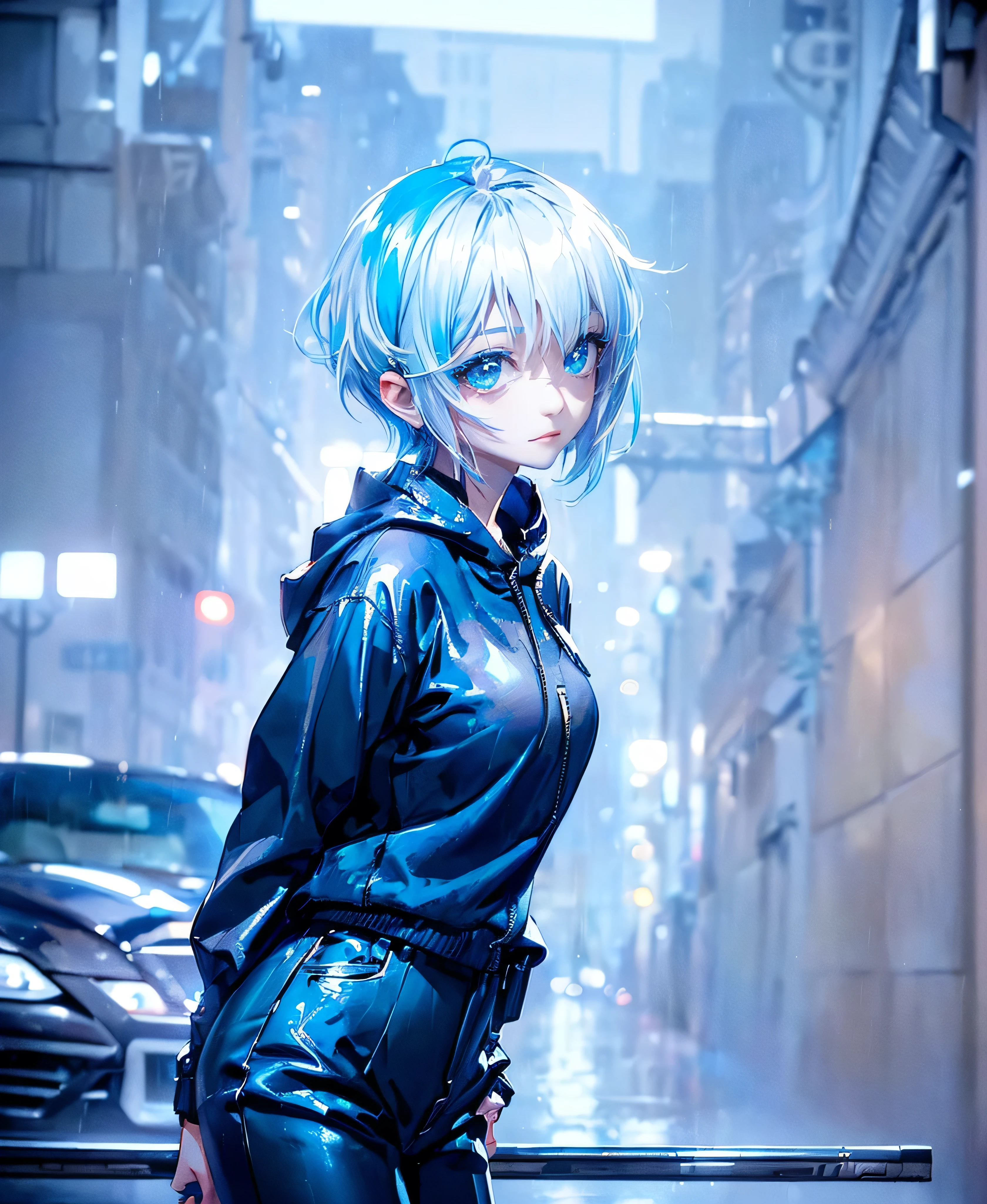 ((4K Works))、masterpiece、(Highest quality)、One beautiful girl、The body is slim、expensive、((Black Y-shirt and white pants、Charming street style))、Please put on a jacket.、Wearing a hood to hide his face、(Beautiful eyes in every detail)、Morning City、((Rainy Town))、Fashionable city with morning rain、During a walk、((Face similar to Carly Rae Jepsen))、((short-haired gray hair))、((Makes your face smaller))、((Neutral face))、((Bright Blue Eyes))、((American adult women))、((Adult female, 2))、((Cool woman))、((Like a celebrity))、((A lonely look))、((Korean Makeup))、((elongated and sharp eyes))、((Happy Date))、((boyish))、((Upper body photo shoot))、Professional photos、((Model Photo))、((Shot alone))、((She is under the roof))、((Look up at the sky))、((Shooting from behind))、((She is looking upwards))、((Her eyes are looking up))、((Increase the angle of the face))、((She is walking in front of the viewer))