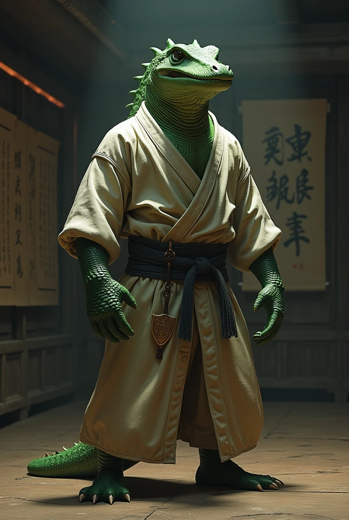 A lizard man with a crocodile head, wearing a judo kimono
