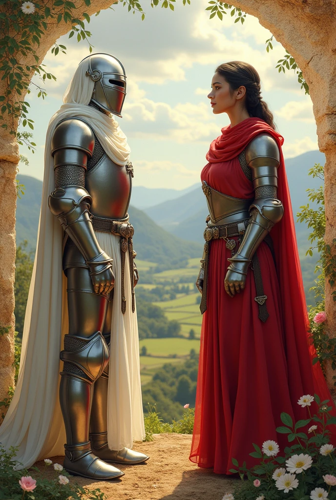 Two knights looking at the reader, one in white, the other in red, and the ladies next door

### Fund Selection

**background-image:** Use an image that is reminiscent of a medieval or traditional setting, like a landscape of fields or hills in Goiás, or an aged parchment paper texture. This gives an authentic and historical atmosphere to the invitation..

**decorative patterns:** Add inspired patterns and