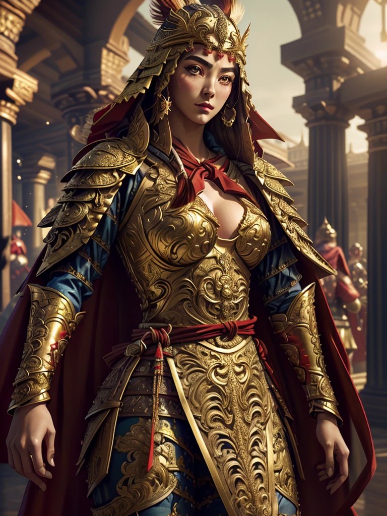(masterpiece, world art piece, best quality, ultra-detailed, ultra-realistic), (highly detailed CG illustration), cinematic light, photorealistic ,extremely beautiful and sexy young lady, most sexy feminine makeup appearance, large breasts, intricate detailed eaba, red & gold cape, twin blade