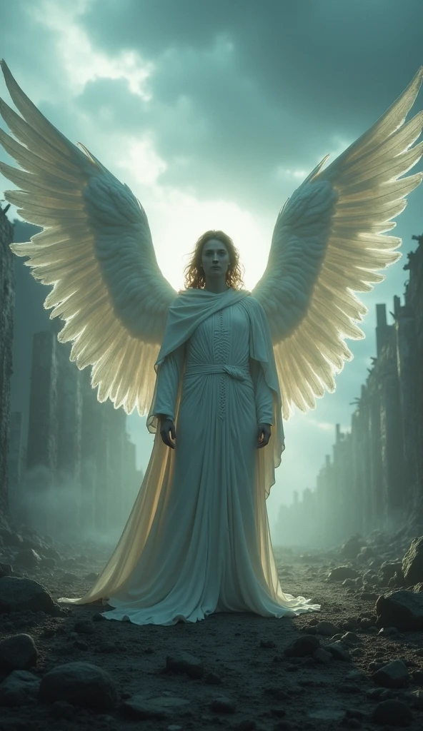 Generate me a photo of Lucifer as an white angel with wings in an evil world around him 