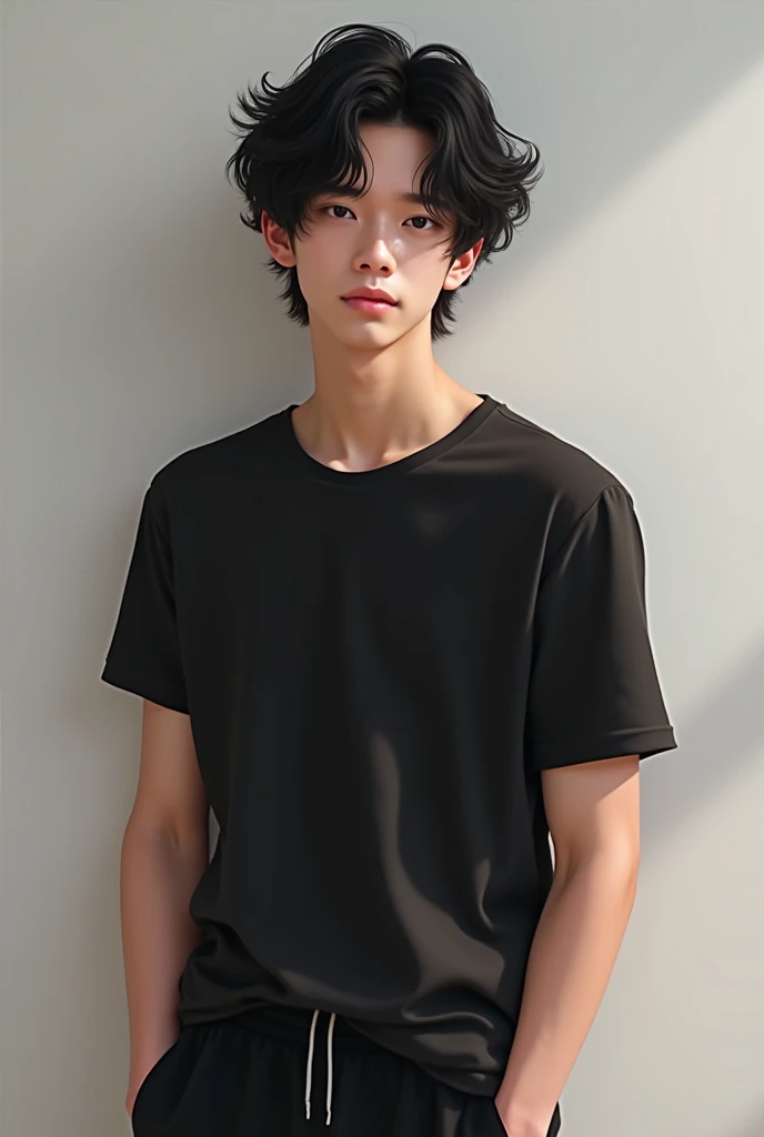A beautiful boy. W czarnych flaffy hair. He has a black T-shirt and pants. Realistick 18yo
