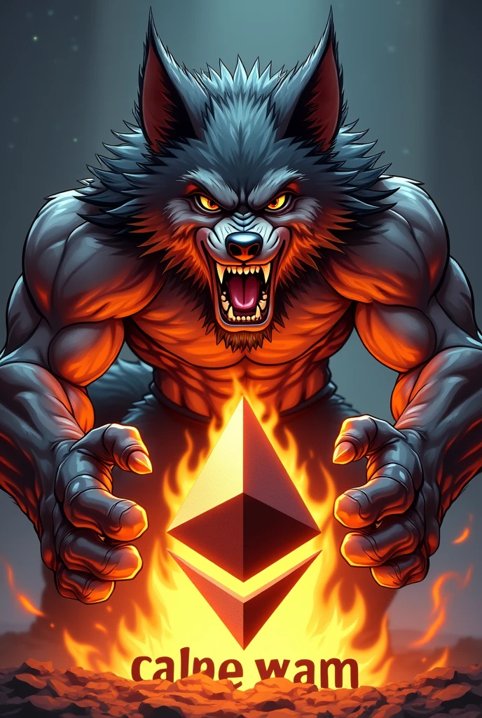 A man as a wolverine wolf angry holding the ethereum logo fire text at the bottom that says wolverine inu