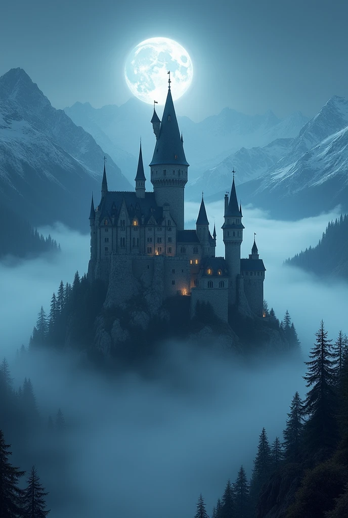 A castel in the mountain in mid night moon light and full of fog