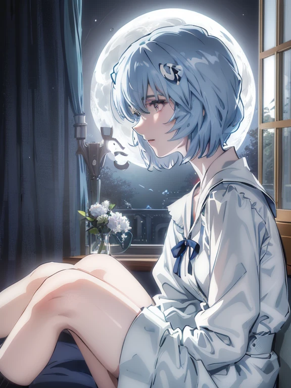 ultra-detailed, illustration, Beautiful Face, Beautiful body, (Rei Ayanami), Bluish silver hair, Silky short hair, (((Hold your knees, On the bed, Large windows, Open window, From a hospital bed))), (Leaning forward), Tokyo-3 middle school uniform, black socks, ((Moon Background, The moon looks big:1.3, Gazing at the Moon:1.3)), ((Night:1.3)), View from inside the Hospital room, The lace curtains are swaying in the wind, Slightly slim body, face in profile, ephemeral Expression, extremely detailed eyes and face, photo with an 85mm camera, Natural moonlight, ((masterpiece, best quality, high resolution))