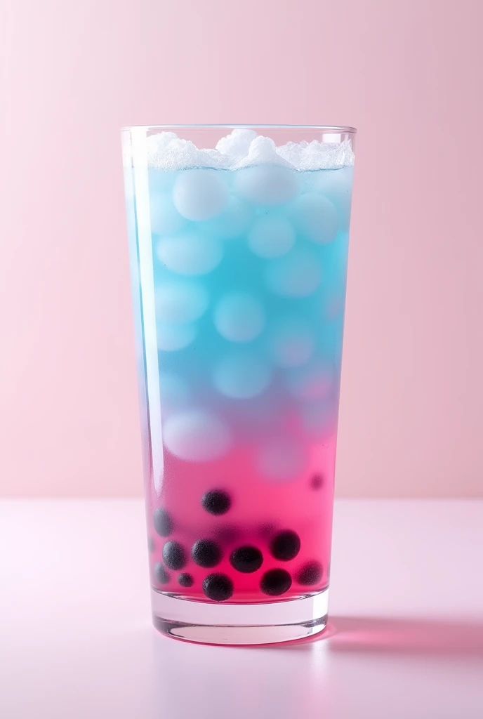 Create images of a glass of booble tea without a background without a brand, just the glass with the light blue and magenta pink content.
