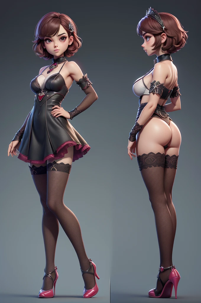 Mini girl, (girl), standing alone, ray tracing, 3D style, 3DMM, ((3 poses per photo)), ((3 poses in each photo)), fully body,(from front view),(Costas Issue), show flat belly, (((poses per photo))),(very big breasts), perfect and symmetrical eyes,((short hair)),lingerie sensual, skin fair, White thigh-high tights with trim, Waist slender, big legs, Show legs to the top of the waist, ultra realistic skin, realistic human eyes,ultra realistic skin,(pubis with a lot of volume),(extremely sensual),(very sensual),(red and black theme),I love the league,(lace pantyhose on one side),(lace pantyhose on one side),((bold ornaments)), carrying pink dagger,((backview)),((side view)),back view,((using dental floss)),duas poses per photo, front and side, front and side, full body,((model sheet)),((front view, side and back)),(symmetrically perfect),(A-POSE),((front view, side and back)),((a pose next to another pose in the same proportions)),same size and same height, A-POSE,(A-POSE),(open dress)