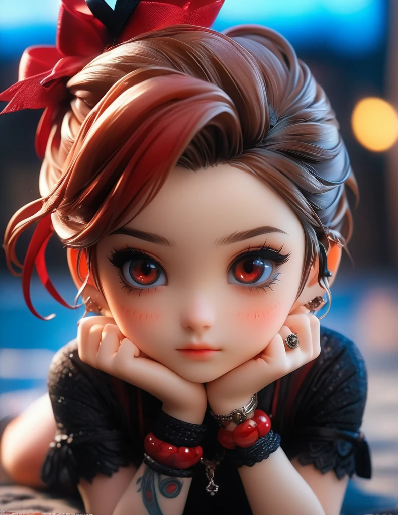 Cute Nendoroid Girl,Solo Portrait,Highly detailed and realistic facial features,Beautiful red tattoo on face,Ring with stone,dramatic cinematographic lighting,Colored ink painting style,Realistic,Ultra-high resolution,8k,Highly detailed skin texture,Intricate details,Ultra-detailed,black magic,Soft perspective