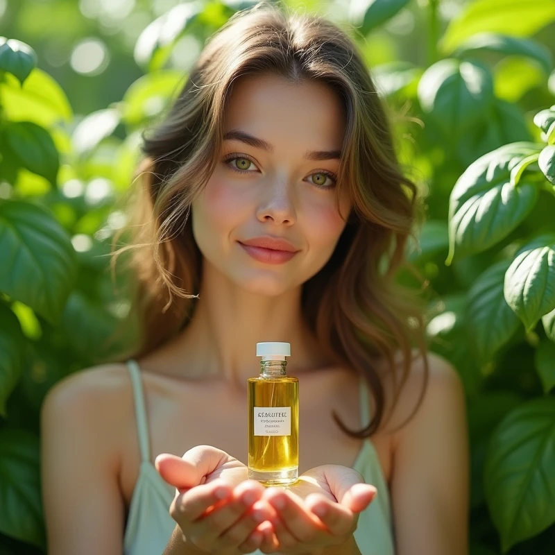 Background of basil leaves,Beautiful European girl,Holding essential oil bottle in hand to show the product