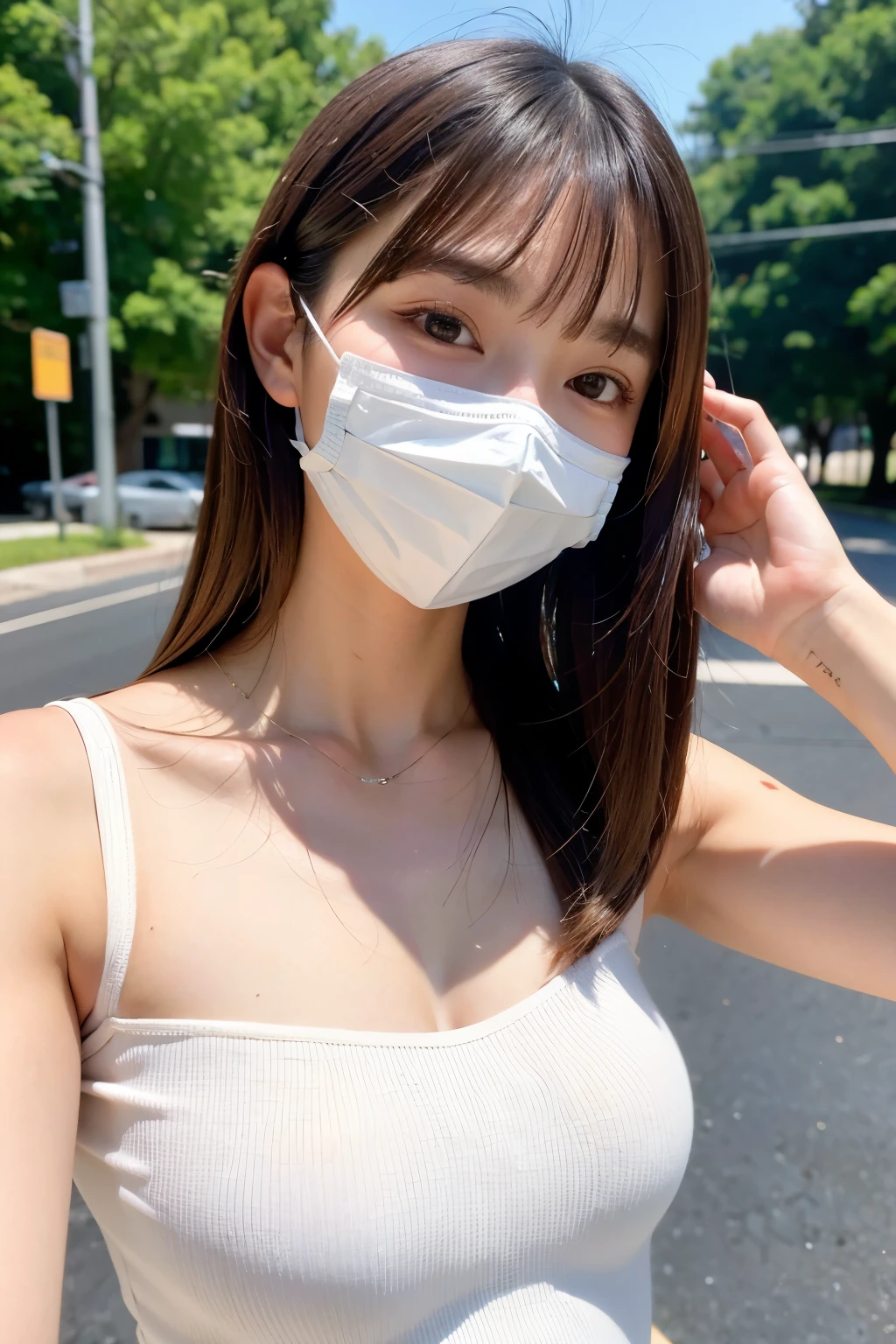 A young woman with shoulder-length straight brown hair, wearing a white ribbed top. She has a soft, natural look with straight bangs framing her face. She is wearing a light-colored face mask, which covers the lower half of her face, leaving her expressive eyes visible.