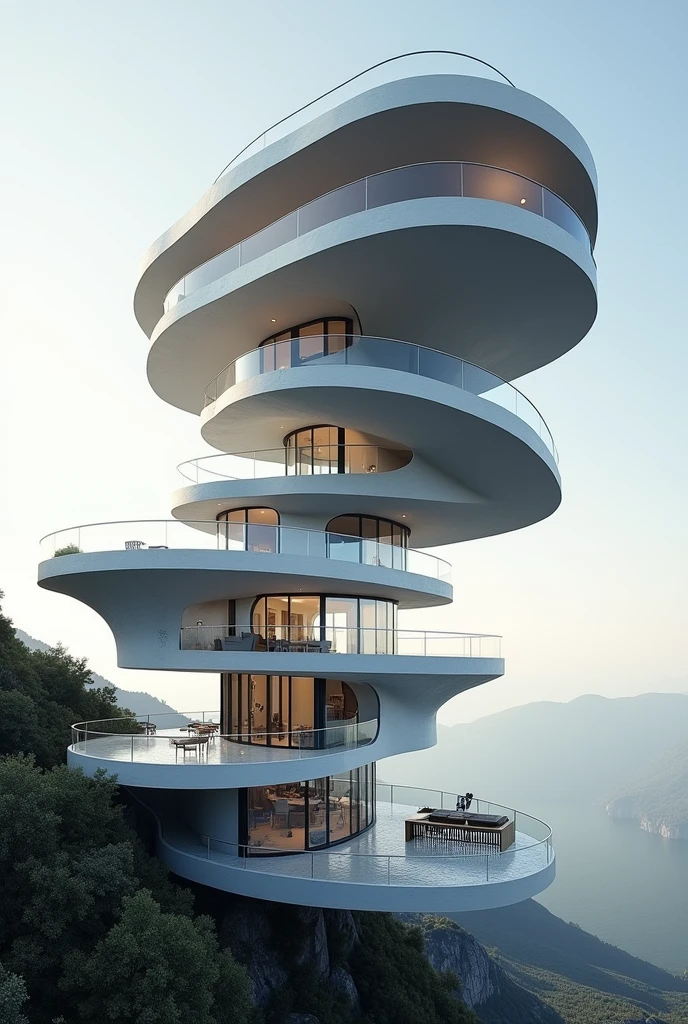 Generate me a house with an architectural concept of a vortex that represents freedom 