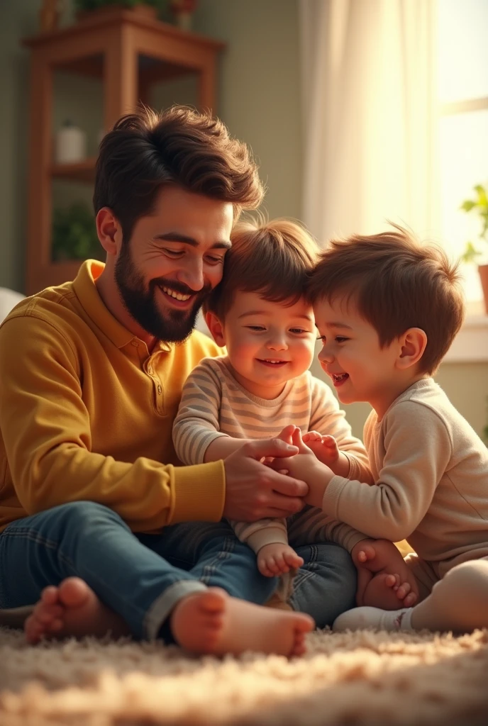 Father loving and playing with his both child son and daughter 