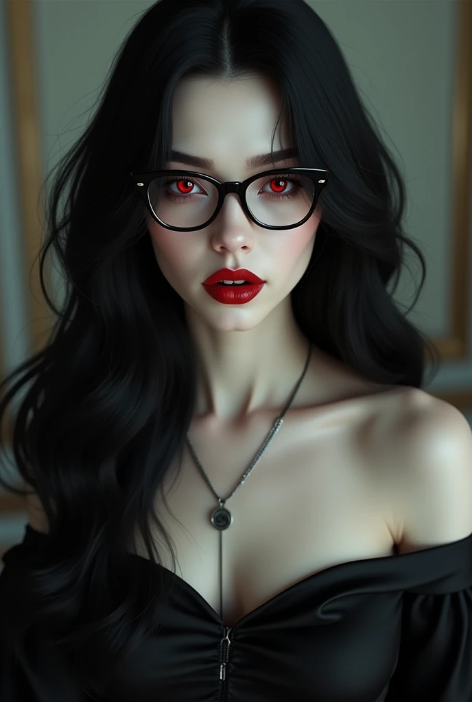 Female vampire with white skin tone, voluminous black smooth hair, crimson eyes, wearing a royal black dress, great physique, great beauty, square shape glasses like a librarian