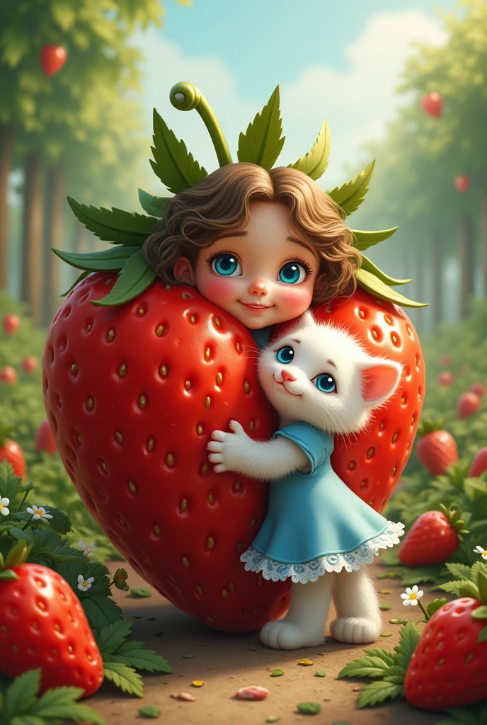A  girl with blue eyes in blue frock and a little white kitten with blue eyes are happy and hug a very big cute strawberry in strawberry garden and playing ai image