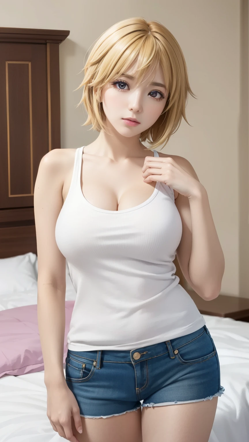 (masterpiece, best quality, high resolution, 8k:1.2), unity 8k wallpaper, (beautiful detailed eyes:1.2), highly detailed face, perfect lighting, highly detailed CG, (perfect hands, perfect anatomy), charlotte dunois, charlotte dunois, short hair, blonde, (purple eyes:1.1), (Glamour:1.2), (large breasts:1.4), (Tank top, shorts, indoors, women's room, bed),
looking at the viewer, (cowboy shot:1.2), dutch angle,