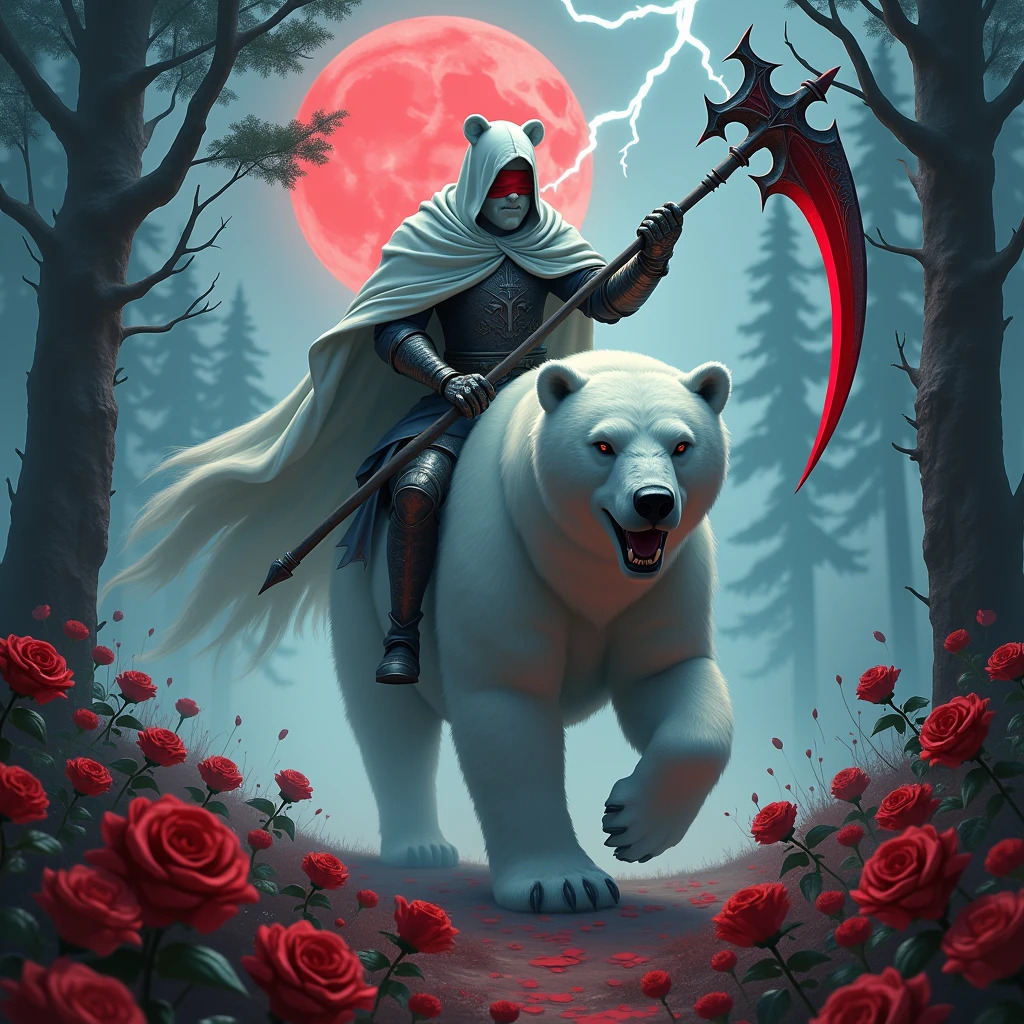 Godlike, in it a male knight with a white hood with bear ears holding a reaper scythe is riding a polar bear in a forest while the moon shines, many Roses cover the ground and lightning falls from the sky. The polar bear has black eyes and an aggressive appearance. Only the man wears a red blindfold. In the background of the picture is the blood moon. The forest is full of trees with leaves.
