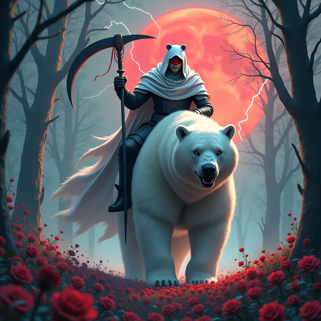 Godlike, in it a male knight with a white hood with bear ears holding a reaper scythe is riding a polar bear in a forest while the moon shines, many Roses cover the ground and lightning falls from the sky. The polar bear has black eyes and an aggressive appearance. Only the man wears a red blindfold. In the background of the picture is the blood moon. The forest is full of trees with leaves.
