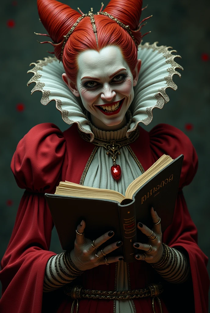 A very bad Queen of Hearts with reddish hair and a biology book with slightly yellow teeth.