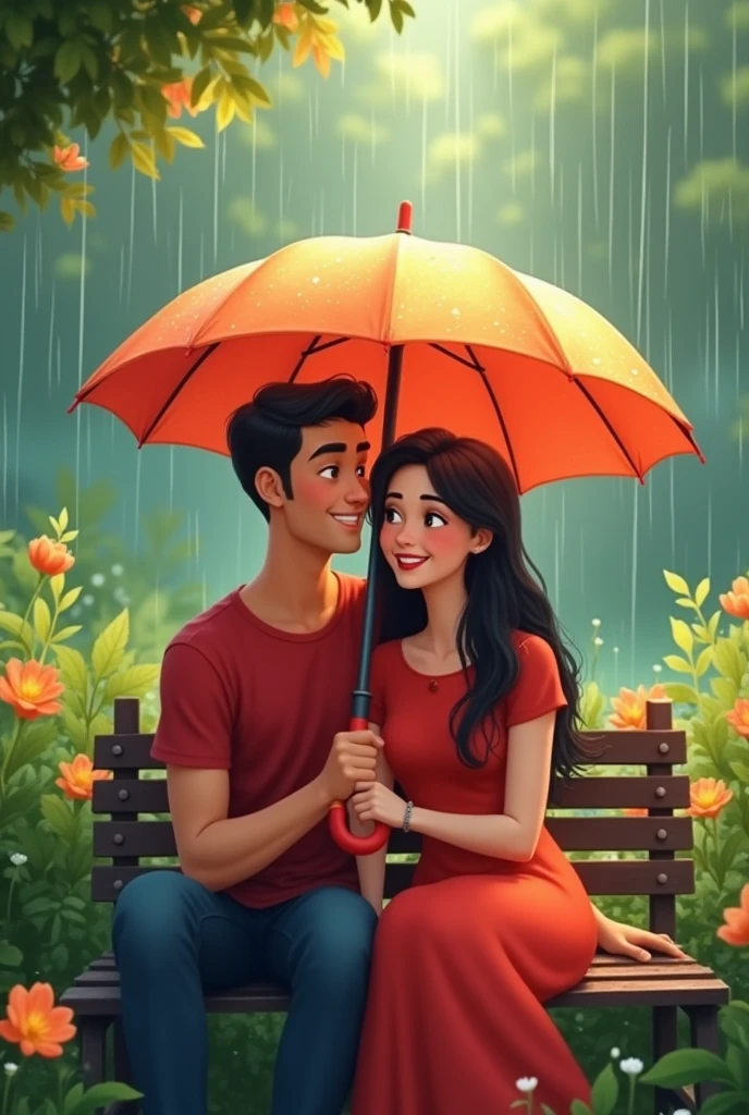 Slowly slowly rain with Ali and Sara couple   with garden and Ali plug in umbrella with couple sitdown in a banch and girl dress in a red frock and boy In a red t-shirt and couple smiling faces boy clean shave in prompts
