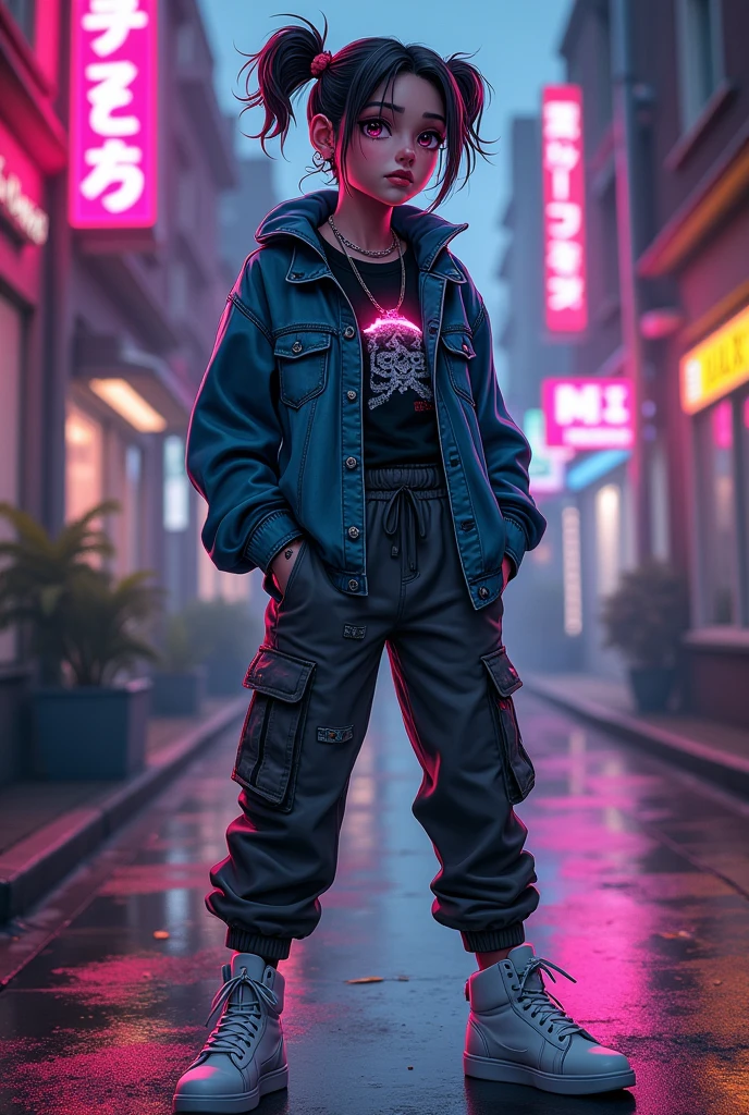 A hip hop girl shows off her style and attitude in an oversized denim jacket, black graphic t-shirt, cargo pants and white sneakers, while her flashy accessories and bold haircut complement her striking presence in an urban environment in the style of cyber punk anime.