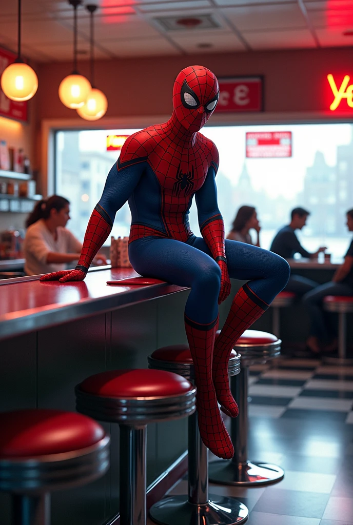 Spiderman in a diner