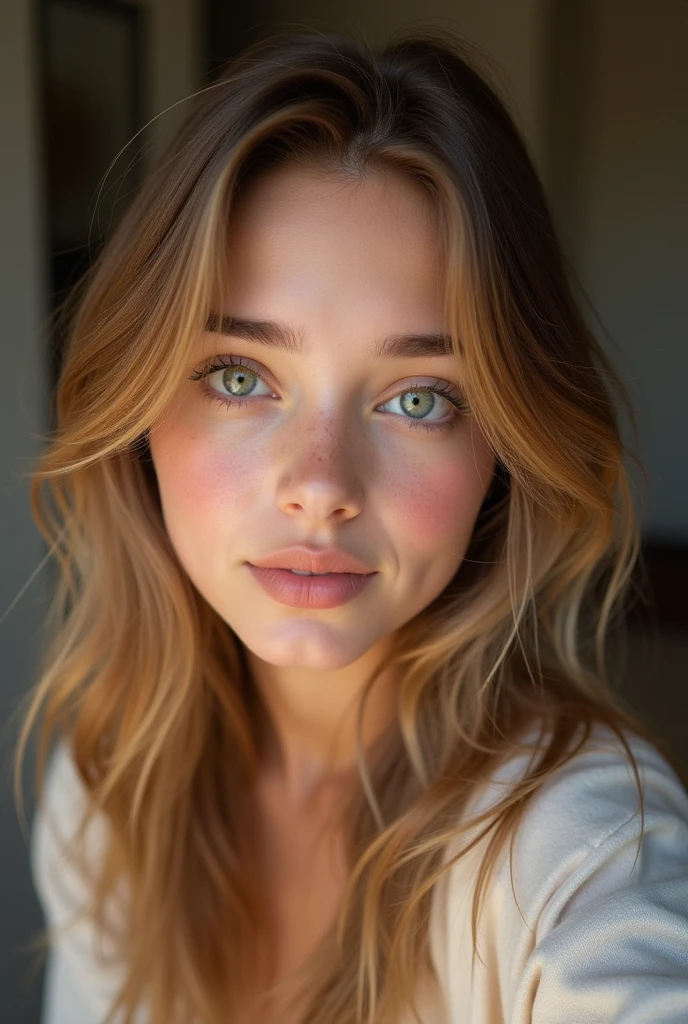 A young girl with blond hair, squared off with a soft face.
Light green eyes, caramel-colored hair. She has dimples in her cheeks

In the photo, she's taking a selfie, and you can see she's scantily clad.


