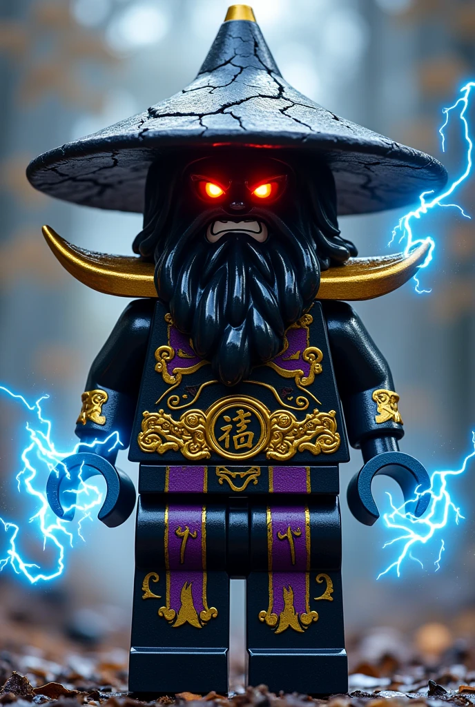 Créer moi un lego ninja go en lego le premier maitre du spijisufuturiste de la dernière puissance dimensionaire un ninja avec un chapeau de paille pointu en noir sur la tête avec un masque de oni de couleur or et noir profond sur la tête et une barbe noir en dessous de la bouche avec des dents pointues pas de cheveux avec une peau sombre noir et il faut des traces d’électricité jaune et bleu foncé dans le visage et un regard terrible de noirceur avec des yeux ridé en rouge fonce profond brillant avec une puissance incroyable avec comme puissance élémentaire l’électrique, l’énergie, la terre, le feu, la glace. Les habits du ninja doit être tout en or avec des traces noir anthracite, bleu nocturne et golden suprême et fer anthracite avec des reure en forme d’électricité bleu clair et jaune brillant, avec 4 bras en or et violet et des écritures japonaises et le parchemin antique sacré le plus puissant en golden. Un ninja imbattable monstrueux beaucoup trop puissant qui contrôle tous les pouvoirs élémentaires. Le ninjadoit être destructeur et soif de victoire un gentil et mechant avec un sabre dans le dos