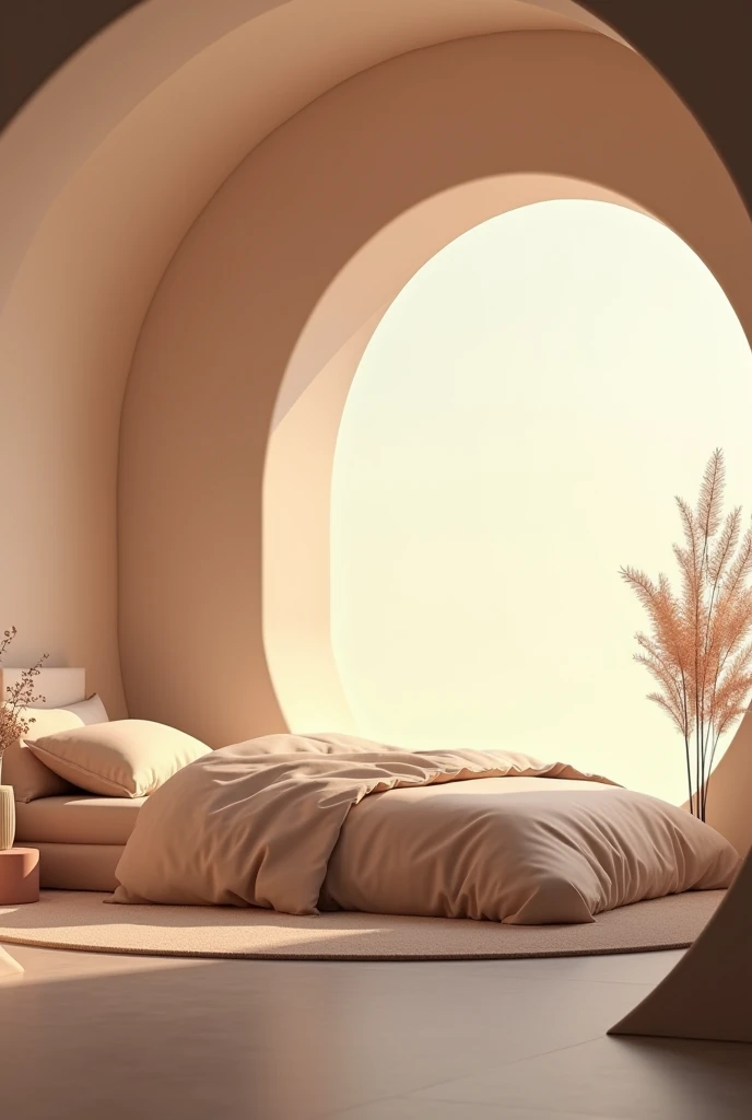 image of a bed placed in a circular space, soft