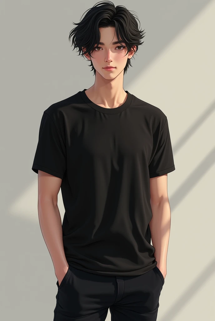 A beautiful boy. W czarnych flaffy hair. He has a black T-shirt and pants. Realistick 18yo
