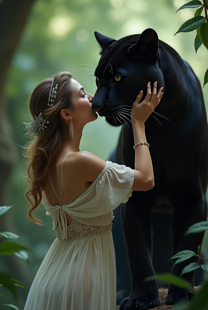 Beautiful woman caresses black panther