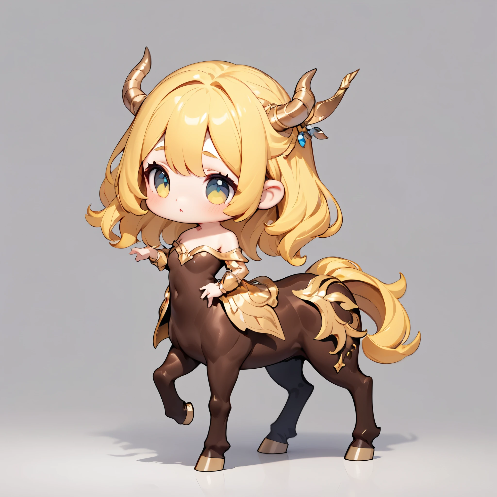 Centaur, 女性Centaur, Wearing a delicate off-the-shoulder dress, Chibi cute, チビCentaur, Mythical creatures, Cute pose, Single color background, Deformation, Highest quality:1.2, Very detailed, masterpiece:1.2.