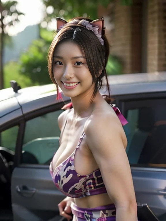 20 year old Japanese beauty，One woman、Muscular body like a bodybuilder、Emphasize the breasts、With a cat on his head、Slit eyes、A head-to-toe view，Bust is very very large、The background is inside the car、High quality photos、Clear, crisp images of the lower body、Masterpiece 8k、Smiling、Is doing a high kick、From the front, from the side, from the back, etc.々from what camera angle to shoot、Pink ninja costume