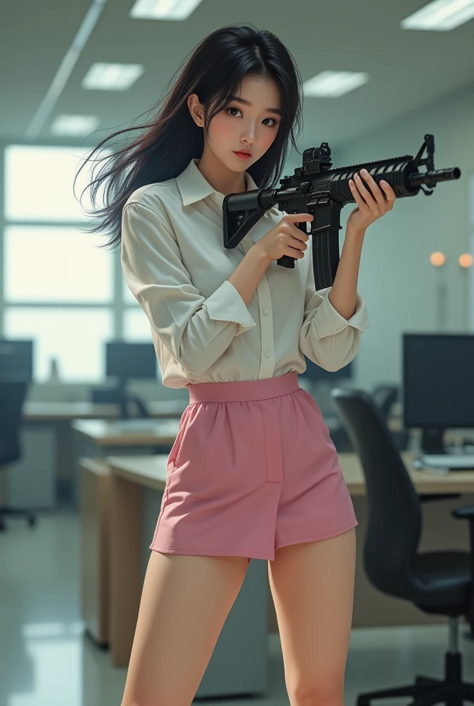 beautiful sweet office lady chinese white shirt pink nylon mini skirt standing legs spread hip shoulder firing rifle gun toting force grip aiming side target full portrait
