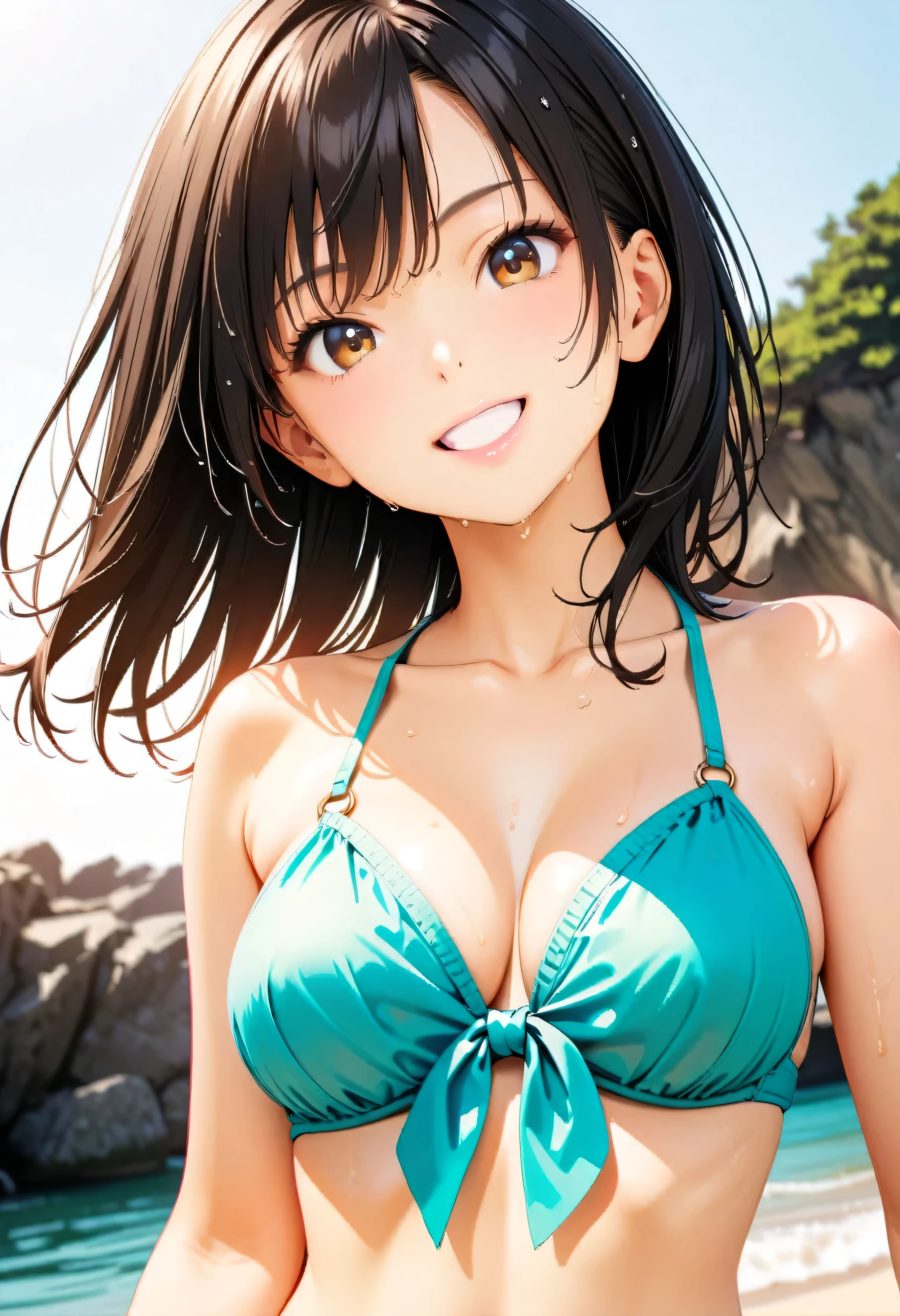 (Highest quality:1.2, Very detailed, up to date, Vibrant, masterpiece:1.2, Highest quality, Best aesthetics), smile, ((Face Up Shot:1.4)), 1980s style, 8K Ultra HD, Background Blur, smile, One Woman, Woman in bikini, Strong sunlight, Seaside, sunny, Summer sunshine, Wet Skin, Sandy Beach, Dynamic Angle, dynamic, Get excited
