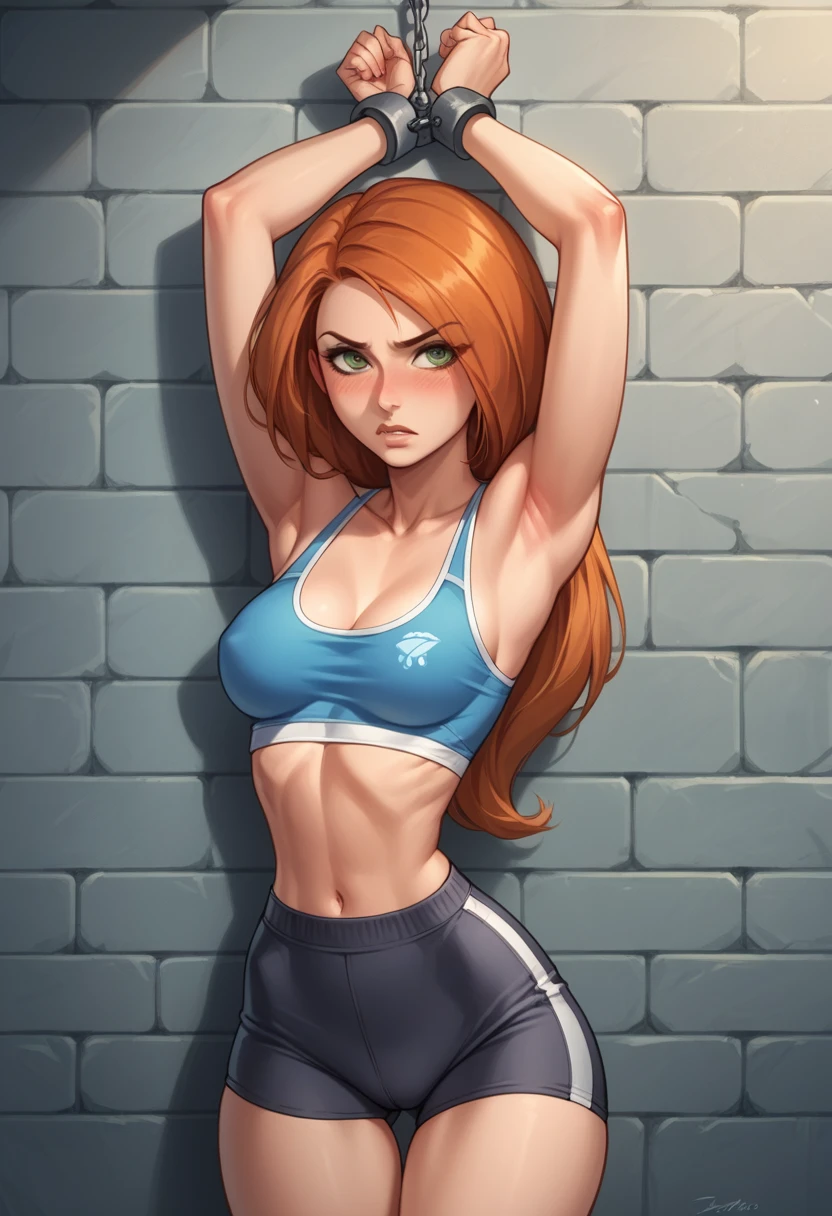 kim possible, detailed eyes, high detailing, narrow waist, 1girl, wearing (sexy gym attire:1.2), small perky breasts, shy, blush, on wall, hands bound, serious, bound arms, hands behind head, arms up, thigh, (bondage, shackles)