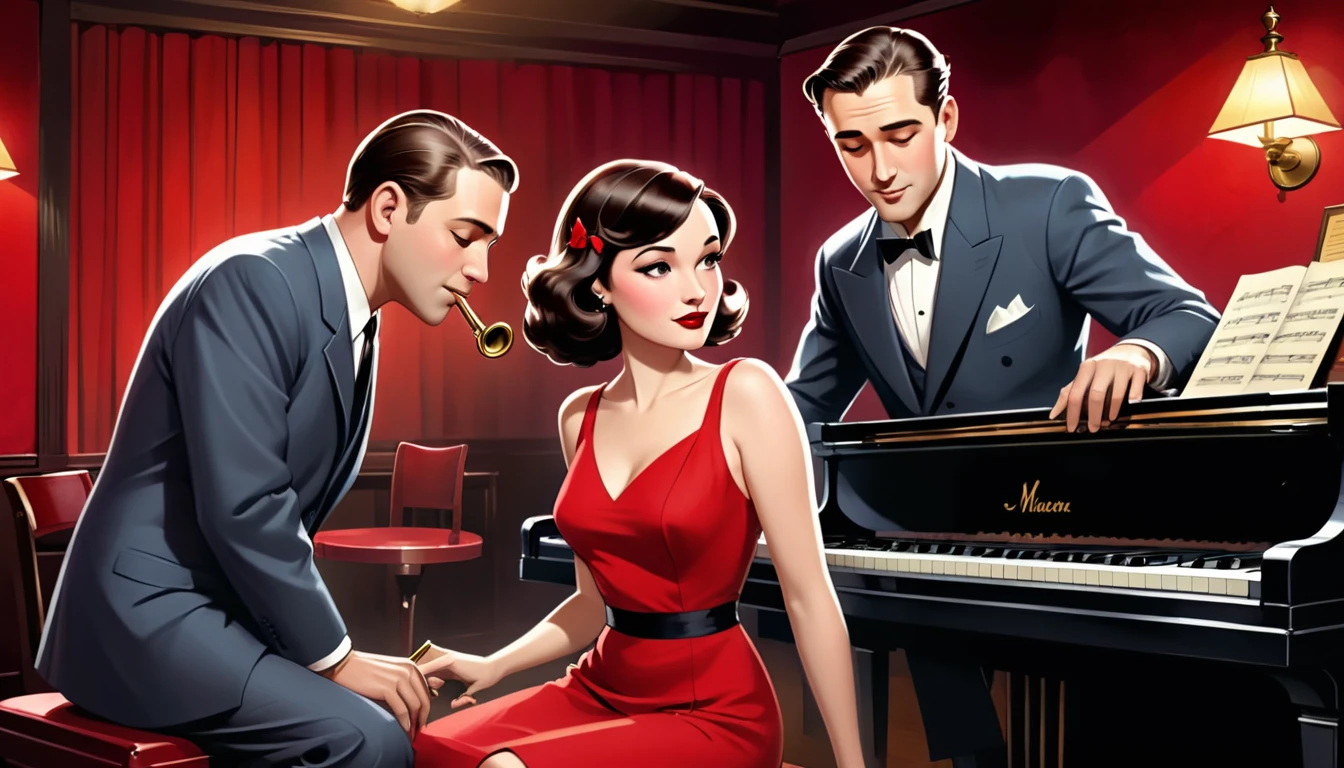 A man is playing the trombone。A woman is playing the piano next to me.。, inspired by Art Frahm, film noir jazz bar, Speakeasy bar background, Then Martin, Then Martin artwork portrait, Background artwork, Inspired by Roy Dargano, Wayne England, stylized digital illustration, Kenton Nelson, Fan art, Official artwork, 1 9 3 0 S Jazz Club