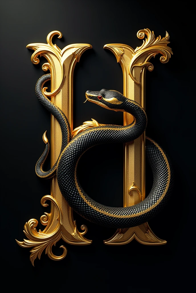 Create the letter H with gold details and a black and gold snake next to it. black backdrop.