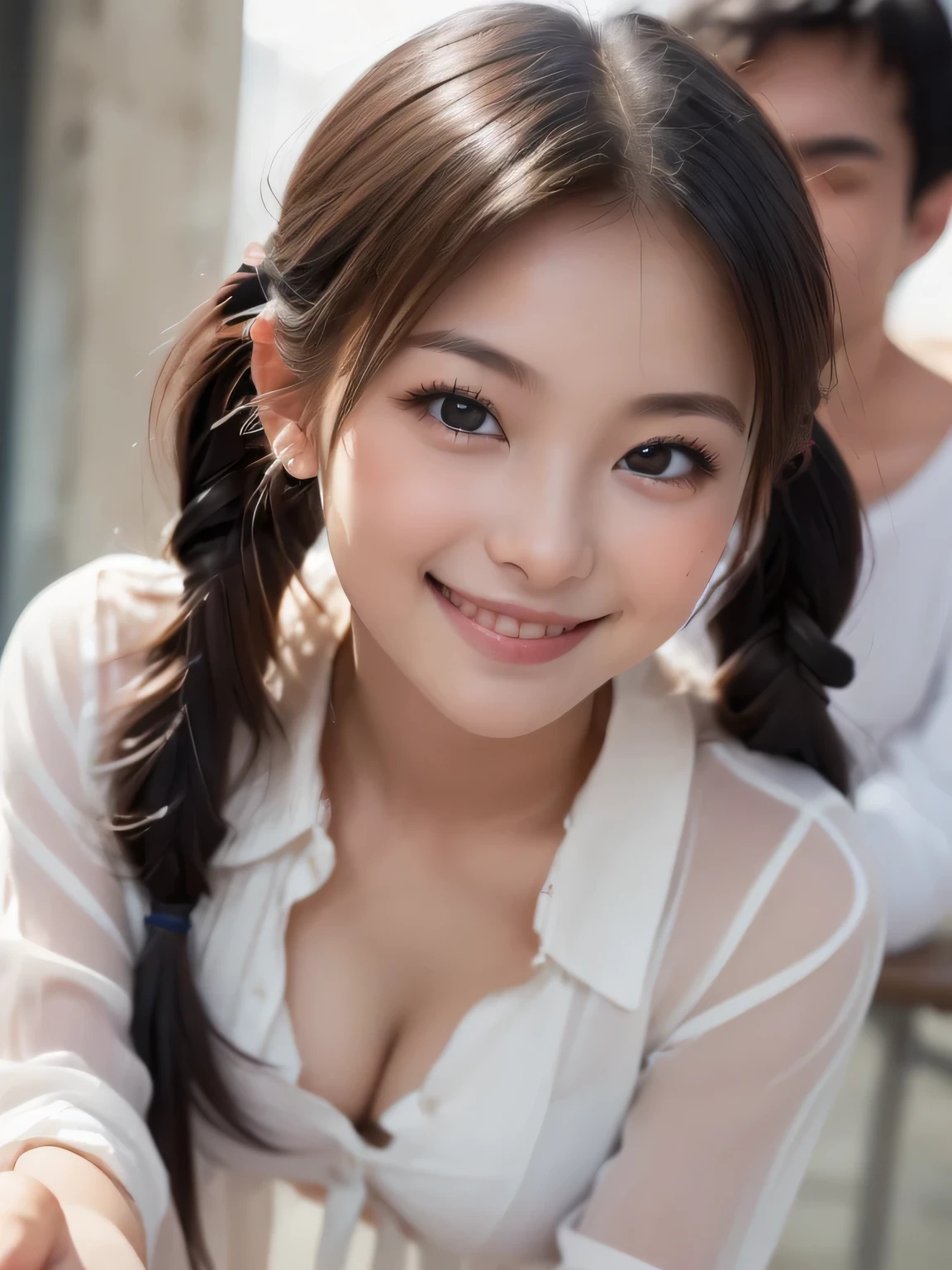 ((Highest quality、Tabletop、High resolution))、(masterpiece:1.6),(Zoomed photo from the front:1.95),(Pose to invite men:1.4),Semi-long hair、Black Hair、Twin tails、Small cleavage、(Cute Smile:1.45)、1 beautiful girl、Cute Face、(((Light clothing)))、Beautiful Skin、(Leaning forward:1.2),(Looking up:1.5),、Nipples、Wet Skin、Beautiful eyes、