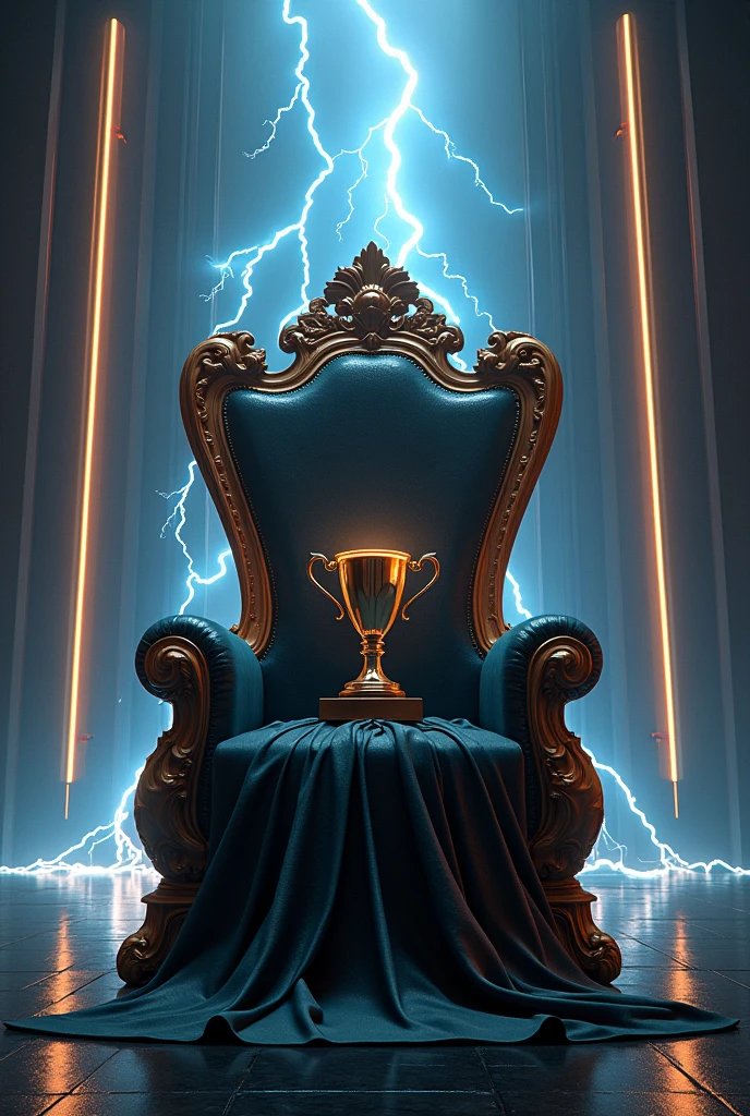A throne with a trophy placed in it and in the backside it should be an background that is with the electrified background and it should be professional and elegant. The image should be in an landscape formate