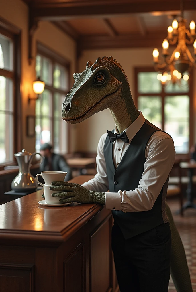 Dinosaur with bow tie and long sleeves、A dinosaur elegantly brewing coffee in a classical cafe、By drip、Calm、Over the counter Ceramic coffee pot