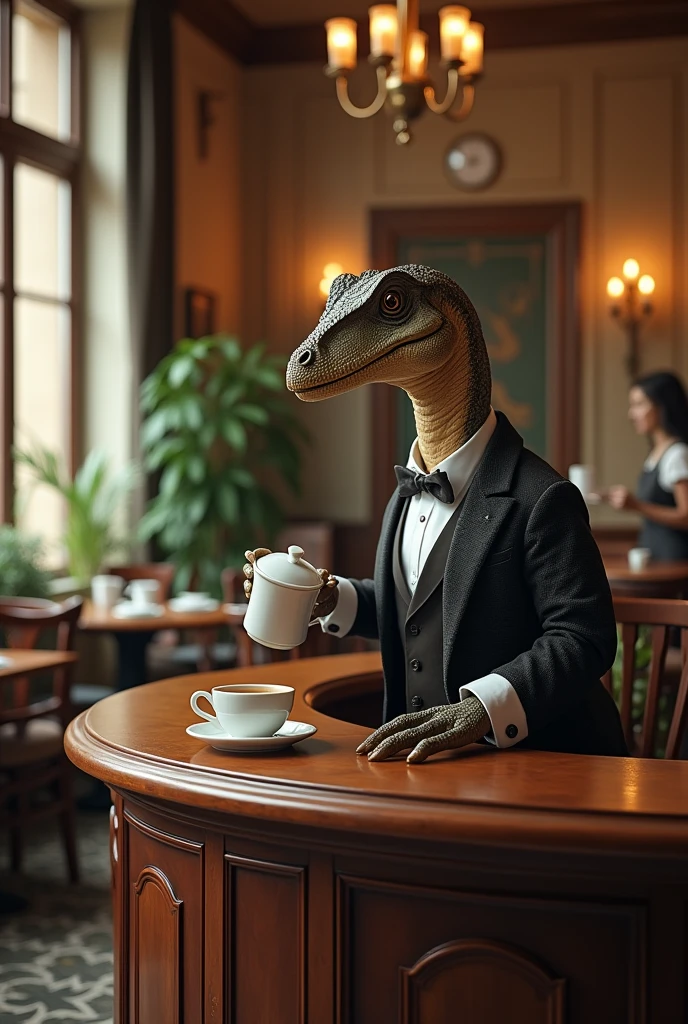 Dinosaur with bow tie and long sleeves、A dinosaur elegantly brewing coffee in a classical cafe、By drip、Calm、Over the counter Ceramic coffee pot